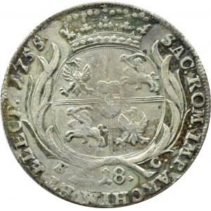 August III Sas, ort (18 groszy) 1755 EC, Lipsk, szeroko rozstawione litery EC