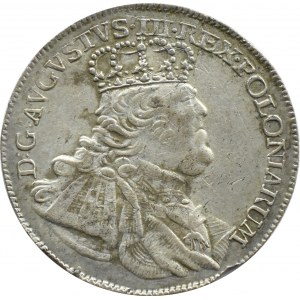 August III Sas, ort (18 groszy) 1754 E.C., Lipsk, buldogowate popiersie