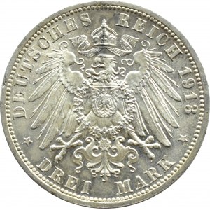 Niemcy, Prusy, Wilhelm II w mundurze, 3 marki 1913 A, Berlin