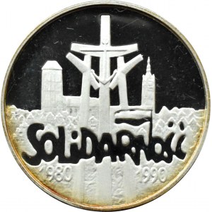 III RP, 100000 złotych 1990, 10 lat Solidarności, Warszawa, odmian tzw. gruba