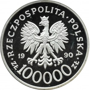 III RP, 100000 złotych 1990, 10 lat Solidarności, Warszawa, odmian tzw. gruba