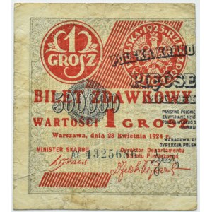 II RP, bilet zdawkowy 1 grosz 1924, lewa połówka, seria AY
