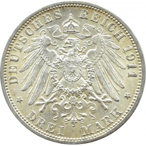 Niemcy, Prusy, Wilhelm II, 3 marki 1911 A, Berlin, PIĘKNE!