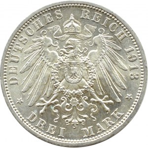 Niemcy, Prusy, Wilhelm II w mundurze, 3 marki 1913 A, Berlin