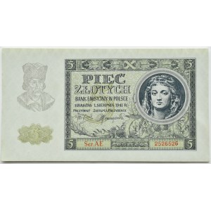 Generalna Gubernia, 5 złotych 1941, seria AE, Kraków, UNC