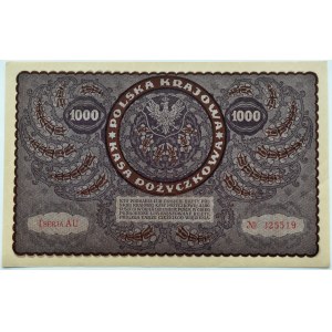 II RP, 1000 marek 1919, I seria AU - typ 7, piękny!