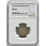 Rosja, Aleksander II, 20 kopiejek 1861, bez liter mincerza, Paryż, NGC MS62