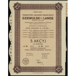 Polska, 5 akcji po 250 złotych = 1.250 złotych, 1937, Warszawa