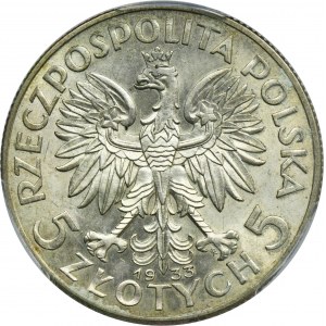 Hlava ženy, 5 zlotých Varšava 1933 - PCGS MS63