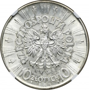 Piłsudski, 10 złotych 1938 - NGC MS62