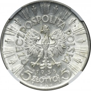 Piłsudski, 5 złotych 1938 - NGC MS61