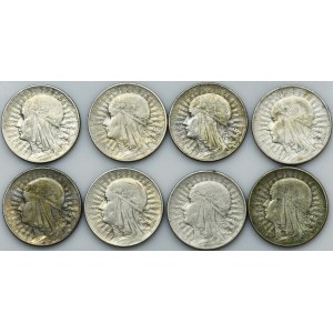 Zestaw, Głowa Kobiety, 5 złotych 1932-1934 (8 szt.)