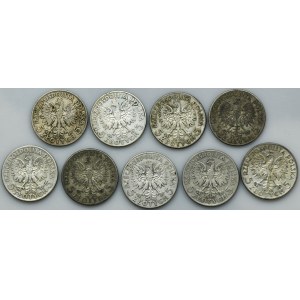 Zestaw, Głowa Kobiety, 5 złotych 1932-1934 (9 szt.)