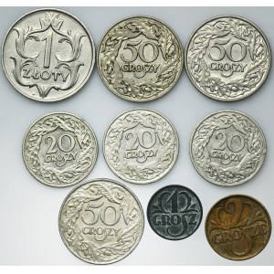 Zestaw, II RP, Grosze i złotówka (9 szt.)