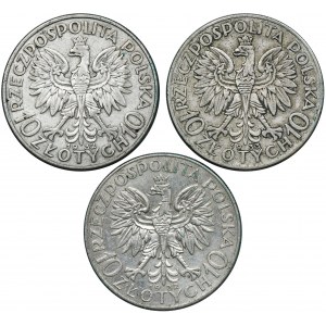Zestaw, Głowa Kobiety, 10 złotych 1932-1933 (3 szt.)