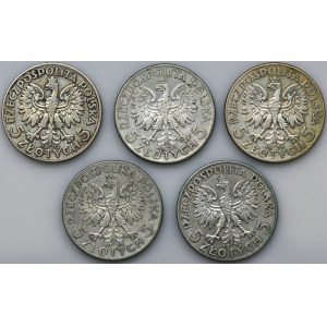 Zestaw, Głowa Kobiety, 5 złotych 1932-1934 (5 szt.)