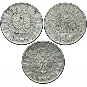 Zestaw, Piłsudski, 5 złotych 1934-1936 (3 szt.)