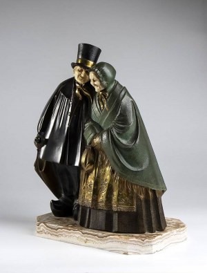 French bronze sculpture depicting two characters - signed BECQUEREL André Vincent (1893 - 1981), Art Deco chryselephantine sculpture depicting a hugging elderly couple with the ivory face of an elephant (Loxodonta africana Blumenbach, 1797 or Elephas maxi