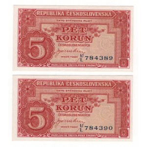 Czechoslovakia 3 x 5 Korun 1945 (ND) With Consecutive Numbers