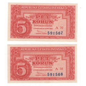 Czechoslovakia 2 x 5 Korun 1949 With Consecutive Numbers