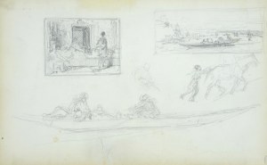 Stanisław Chlebowski (1835-1884), Szkice obrazów w miniaturze – scena rodzajowa i pejzaż z łodzią na rzece oraz łodzi z postaciami