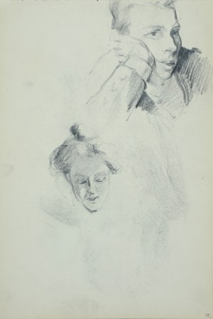 Włodzimierz Tetmajer (1861 – 1923), Popiersie młodej kobiety oraz fragment głowy dziewczyny z napisem „Ofiary” wpisanym w pięciolinię – szkic, [ok. 1900]