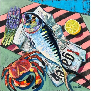 David Schab, Still life with mackerel and crab, 2018