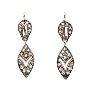 Pair of diamond yellow gold silver dangle earrings - Art Dèco period