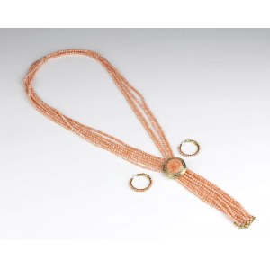 Diamond pink coral gold earrings and necklace
