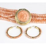 Diamond pink coral gold earrings and necklace