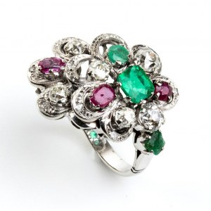 Ruby emerald diamonds gold floral ring