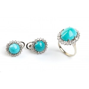 Turquoise gold and diamonds Demi parure comprising a ring and a pair of earrings