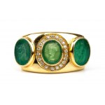 Archaeological-style ring in gold with diamonds and green glass pastes