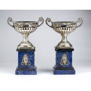 A pair of sterling silver and Lapis lazuli presentation cups on stand - mark of TIFFANY & Co.