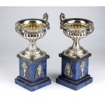 A pair of sterling silver and Lapis lazuli presentation cups on stand - mark of TIFFANY & Co.