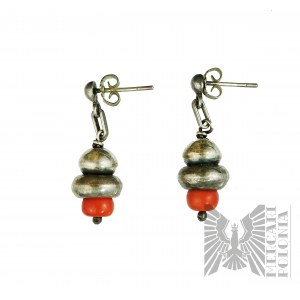 Ornament Pair of Silver Earrings with Coral