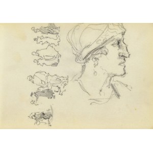 Józef PIENIĄŻEK (1888-1953), Skizze eines weiblichen Kopfes im Profil und Skizzen von Figuren