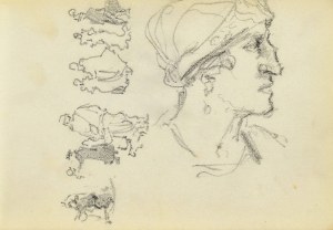 Józef PIENIĄŻEK (1888-1953), Szkic głowy kobiety w ujęciu z profilu oraz szkice postaci