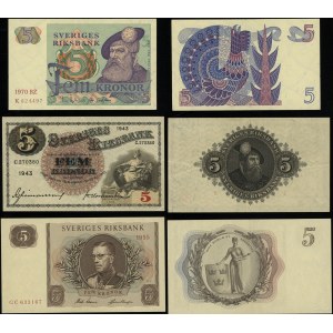 Szwecja, zestaw 3 banknotów o nominale 5 kronor, 1943, 1955, 1970