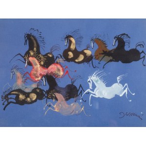 Jozef Wilkoń (b. 1930), Taboon of horses on blue