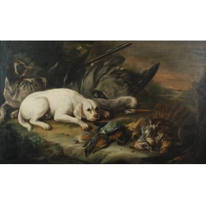 Baldassarre DE CARO (1689-c.1750) - připsáno, Zátiší s ptáky a loveckým psem