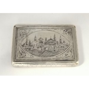 Cigarette case with an engraved cityscape on the lid