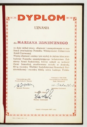 Diploma per M. Konieczny per aver contribuito alla ricostruzione del monumento ai soldati sovietici a Sanok....