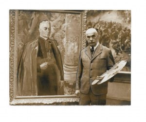 Fotografia Wojciecha Kossaka z paletą malarską w dłoni. [nie po 15 II 1938].