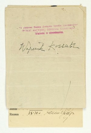 Lettre de change avec les signatures de Wojciech, Jerzy et Maria Kossak. 1939.