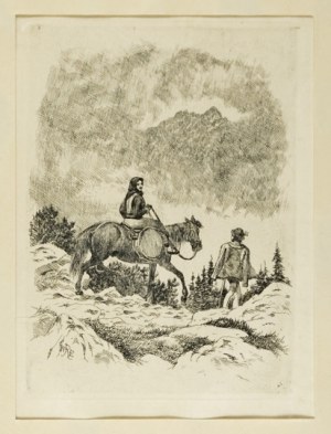 W. Eliasz-Radzikowski - Highlander woman on horseback with a collar. 1904. etching from the portfolio 