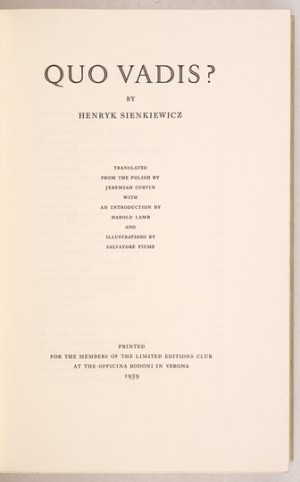 SIENKIEWICZ H. – Quo vadis. 1956. Przekład angielski z autografami ilustratora i wydawcy.