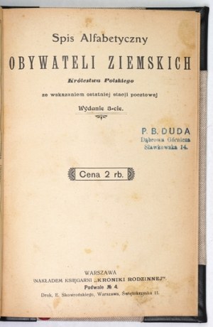Abecední rejstřík zemských občanů Polského království s uvedením poslední poštovní stanice. 3. vydání....