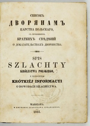 Censimento della nobiltà del Regno di Polonia. 1851 + Appendice II. 1854.