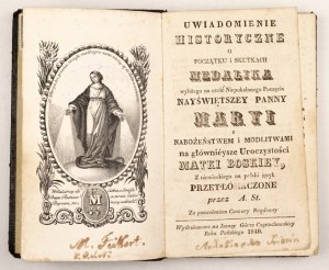 OZNÁMENIE o začiatku razby medailónu na počesť Nepoškvrneného počatia Panny Márie. 1840.